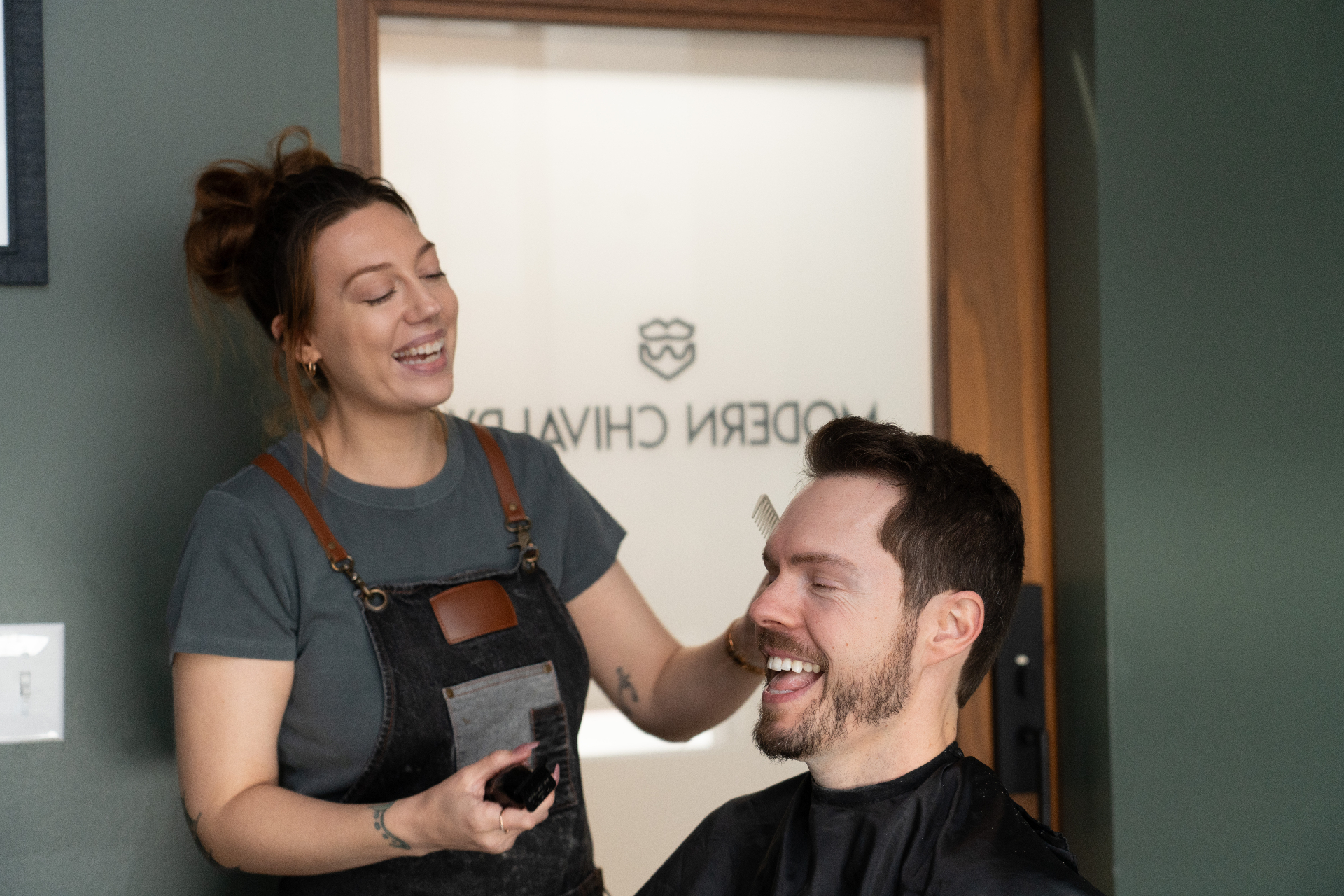 Candace, Modern Chivalry stylist, styling a client